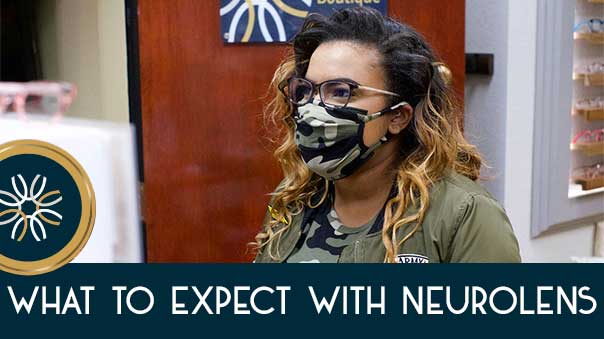 Woman wearing Neurolens glasses at Fort Collins Family Eye Care